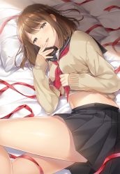 Rule 34 | 1girl, :d, bed sheet, black sailor collar, black skirt, blush, breasts, brown eyes, brown hair, brown sweater, clothes lift, commentary request, fingernails, half-closed eyes, hand up, lifting own clothes, long sleeves, looking at viewer, lying, midriff peek, neckerchief, noda shuha, on side, open mouth, original, pillow, pleated skirt, red neckerchief, red ribbon, ribbon, sailor collar, school uniform, serafuku, skirt, sleeves past wrists, small breasts, smile, solo, sweater, sweater lift