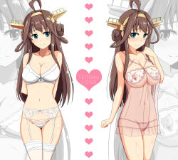 Rule 34 | 10s, 1girl, babydoll, bad id, bad pixiv id, bra, breasts, brown hair, cleavage, covered erect nipples, dual persona, garter belt, garter straps, hairband, heart, kantai collection, kongou (kancolle), large breasts, lingerie, long hair, navel, negligee, nipples, personification, see-through, shigure ryuunosuke, thighhighs, underwear, white thighhighs, zoom layer