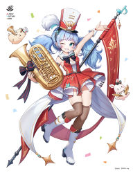 Rule 34 | 1girl, ;), absurdres, arm up, black bow, black bowtie, blue eyes, blue hair, boots, bow, bowtie, breasts, brown thighhighs, confetti, cymbals, dress, flag, full body, grin, hamster, hat, highres, holding, holding instrument, horn (instrument), instrument, kasia0309, long hair, looking at viewer, medium breasts, musical note, one eye closed, original, rabbit, red dress, sleeveless, sleeveless dress, smile, solo, staff, thighhighs, thighhighs under boots, tuba, twintails, white footwear, wrist cuffs