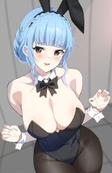 Rule 34 | 1girl, absurdres, animal ears, bare shoulders, black leotard, blue hair, braid, breasts, brown eyes, cleavage, covered navel, crown braid, detached collar, entogman, fake animal ears, fire emblem, fire emblem: three houses, highres, large breasts, leotard, long hair, marianne von edmund, nintendo, open mouth, playboy bunny, rabbit ears, smile, solo, strapless, strapless leotard