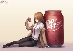 Rule 34 | 1girl, absurdres, akawoud, belt, black pantyhose, black shorts, blue eyes, brown hair, can, collared shirt, dr pepper, drink can, full body, gradient background, highres, jacket, long hair, makise kurisu, necktie, oversized object, pantyhose, pantyhose under shorts, red necktie, shirt, short shorts, shorts, simple background, sitting, soda can, solo, steins;gate, twitter username, white shirt