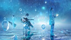 Rule 34 | 2boys, 3boys, acoustic guitar, black hair, blue theme, blurry, collared shirt, copyright name, depth of field, electric guitar, fusui, guitar, guitar case, hat, highres, holding, holding instrument, instrument, instrument case, jacket, kamitsubaki studio, light particles, long sleeves, male focus, multiple boys, music, night, night sky, outdoors, pants, playing instrument, reflection, shirt, short hair, signature, sitting, sky, standing, star (sky), starry sky, water, watermark, white shirt