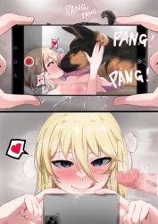Rule 34 | 2girls, artist request, azur lane, bestiality, bismarck (azur lane), blonde hair, blue eyes, blush, breasts, censored, closed mouth, dog, french kiss, heart, heart-shaped pupils, heavy breathing, highres, kiss, licking lips, lying, medium breasts, mosaic censoring, motion lines, multiple girls, multiple views, naughty face, nude, on back, penis, phone, pov, pov hands, recording, roon (azur lane), short hair, smile, spoken heart, steam, symbol-shaped pupils, tagme, tongue, tongue out, upper body