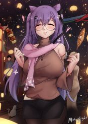 Rule 34 | 1girl, absurdres, artist name, breasts, casual, cat, closed mouth, eating, closed eyes, food, genshin impact, glasses, heart, highres, keqing (genshin impact), lantern, large breasts, long hair, mistynight, night, night sky, pantyhose, purple hair, scarf, sky, solo focus