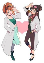 Rule 34 | 2girls, :d, ace attorney, beachricefield, blush, boots, brown hair, buttons, commentary request, creatures (company), crossover, ema skye, eyewear on head, game freak, green eyes, green footwear, green nails, green pants, green shirt, hair ornament, hand in pocket, hand up, heart, heart hair ornament, high heel boots, high heels, lab coat, long hair, multiple girls, nail polish, navel, nintendo, open mouth, orange hair, pants, pokemon, pokemon swsh, ribbed shirt, shirt, side ponytail, sidelocks, sleeves rolled up, smile, sonia (pokemon), standing, sunglasses, tongue, watch, wristwatch