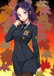 1girl alternate_costume black_jacket black_necktie black_pantyhose black_skirt breasts buttons commentary double-breasted highres hisamatomoki jacket kantai_collection long_sleeves looking_at_viewer medium_breasts medium_hair military_uniform miniskirt naval_dress_uniform naval_uniform necktie pantyhose purple_eyes purple_hair shirt skirt solo tatsuta_(kancolle) white_shirt