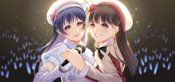 Rule 34 | 2girls, beret, blue hair, blush, brown hair, capelet, detached sleeves, fur trim, hat, highres, holding, holding hands, holding microphone, interlocked fingers, long hair, long sleeves, looking at viewer, love live!, love live! school idol project, microphone, mimori suzuko, multiple girls, real life insert, smile, snow halation, sonoda umi, sore wa bokutachi no kiseki, unnik, voice actor