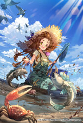 Rule 34 | 1girl, beach, beads, bird, brown hair, bucket, cloud, dirty, dirty clothes, fish, fisheye, green eyes, hair beads, hair ornament, happy, hat, highres, jewelry, kneeling, light rays, long hair, mud, necklace, net, open mouth, outdoors, overalls, romancing saga re;universe, seashell, shell, sky, smile, solo, straw hat, water