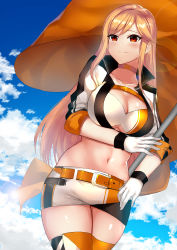 Rule 34 | 1girl, absurdres, belt, blonde hair, blue sky, breasts, choker, cleavage, cloud, collarbone, cowboy shot, crop top, cropped jacket, day, flag, girls&#039; frontline, gloves, highres, large breasts, long hair, m2hb (cheers on the blazing tarmac) (girls&#039; frontline), m2hb (girls&#039; frontline), midriff, miniskirt, molyb, multicolored clothes, multicolored legwear, multicolored skirt, navel, official alternate costume, orange choker, race queen, red eyes, shiny skin, skirt, sky, sleeve cuffs, smile, stomach, thighhighs, wristband, zettai ryouiki