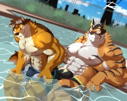 Rule 34 | 2boys, abs, animal ears, bara, barrel (cool gunfighter) (live a hero), barrel (live a hero), beige fur, black male swimwear, blue male swimwear, blush, brown fur, bulge, bulge to ass, dog boy, dog ears, dog tail, dry humping, erection, erection under clothes, facial hair, feet out of frame, furry, furry male, furry with furry, goatee, goggles, goggles on head, highres, humping, large pectorals, live a hero, male focus, male swimwear, mask, mature male, multiple boys, muscular, muscular male, navel, nipples, official alternate costume, orange fur, partially submerged, pectorals, reclamon, ryekie (live a hero), short hair, stomach, swim briefs, tail, thick eyebrows, thick thighs, thighs, tiger boy, tiger ears, topless male, two-tone fur, wet, yaoi