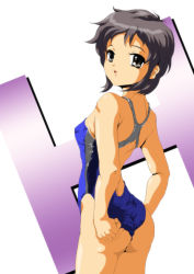 Rule 34 | 00s, adjusting clothes, adjusting swimsuit, ass, brown eyes, competition swimsuit, highres, looking back, nagato yuki, nanashi noiji, non-web source, one-piece swimsuit, short hair, silver hair, solo, suzumiya haruhi no yuuutsu, swimsuit, wedgie