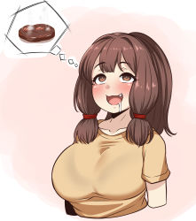Rule 34 | 1girl, blush, bra visible through clothes, breasts, brown eyes, brown hair, drooling, fang, folded ponytail, food, highres, imagining, konoshige (ryuun), large breasts, long hair, meat, ootsuchi tsugaru, open mouth, original, pink background, shirt, solo, steak, t-shirt, upper body, yellow shirt