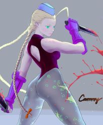 Rule 34 | 1girl, ahoge, alternate costume, aqua eyes, ass, back cutout, bad id, bad pixiv id, bare shoulders, blonde hair, blood, blood splatter, bloody knife, braid, breasts, cammy white, character name, clothing cutout, combat knife, dual wielding, elbow gloves, expressionless, fingerless gloves, freckles, garrison cap, gloves, grey pantyhose, hair ribbon, hat, highres, holding, huge ahoge, knife, leotard, lips, lipstick, long hair, low-tied long hair, makeup, moke-re-mubenbe, pantyhose, patterned legwear, print pantyhose, reverse grip, revision, ribbon, solo, street fighter, thong leotard, toned, twin braids, weapon