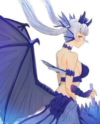 Rule 34 | 1girl, armor, back, bikini armor, black clover, blue choker, choker, closed mouth, crown, dragon horns, dragon wings, fins, grey hair, head fins, highres, holding, holding polearm, holding weapon, horns, long hair, looking at viewer, low twintails, noelle silva, polearm, purple eyes, rizaavana, simple background, slit pupils, solo, twintails, valkyrie, weapon, white background, wings