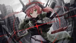 Rule 34 | 1girl, aiming, aiming at viewer, aogiri koukou, black shirt, blurry, blurry background, breasts, brown hat, building, cabbie hat, cloud, cloudy sky, commentary, depth of field, goggles, goggles on headwear, green eyes, green jacket, gun, hair between eyes, handgun, hat, head tilt, high-waist skirt, highres, holding, holding gun, holding weapon, ishikari akari, jacket, kuria (clear trip second), looking at viewer, low twintails, open clothes, open jacket, outdoors, parted lips, pistol, rain, red hair, shirt, skirt, sky, small breasts, solo, twintails, virtual youtuber, weapon, white skirt