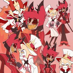 Rule 34 | absurdres, alastor (hazbin hotel), anger vein, angry, animal ears, antlers, apple, artist name, black bow, black bowtie, black footwear, blonde hair, boots, bow, bowtie, brown bow, brown bowtie, brown hair, brown pants, chiz, circle facial mark, claws, clenched teeth, coat, coattails, colored sclera, colored skin, commentary, crown, dated, deer antlers, deer boy, deer ears, demon, demon boy, demon horns, english commentary, facial mark, fire, food, frown, fruit, full body, grey skin, grin, hand on another&#039;s chest, hand up, hat, hazbin hotel, highres, holding, holding microphone, horns, jewelry, long sleeves, looking at another, lucifer morningstar (hazbin hotel), microphone, monocle, multicolored hair, multiple wings, music, musical note, open clothes, open coat, open mouth, outline, pants, pink background, pointing, pointing at another, red eyes, red hair, red horns, red sclera, red vest, red wings, ring, sharp teeth, shirt, short hair, signature, simple background, singing, smile, snake, solid eyes, striped clothes, striped coat, striped vest, teeth, top hat, traditional bowtie, two-tone hair, vertical-striped clothes, vertical-striped coat, vertical-striped vest, vest, vintage microphone, white coat, white headwear, white outline, white pants, white shirt, wings, yellow sclera, yellow teeth