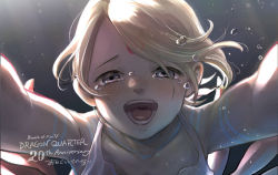 Rule 34 | 1girl, anniversary, blonde hair, blue eyes, breath of fire, breath of fire v, collarbone, copyright name, crying, crying with eyes open, dress, looking at viewer, nina (breath of fire v), open mouth, red wings, short hair, simple background, smile, solo, tears, toko (tokkotoritori), uvula, white dress, wings