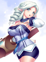 Rule 34 | 1girl, animal ears, aqua hair, blue background, blue dress, blue sash, blush, breasts, claw hammer, commentary request, cowboy shot, crescent, curly hair, curvy, detached sleeves, dress, drill hair, forehead, grey eyes, hammer, hand up, large breasts, long hair, long sleeves, looking at viewer, munechika, open mouth, parted bangs, sash, shiny skin, simple background, solo, strapless, strapless dress, tail, teeth, upper teeth only, utawarerumono, utawarerumono: itsuwari no kamen, v-shaped eyebrows, wide sleeves, zen (kamuro)