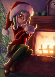 1girl boots breasts brown_footwear christmas christmas_lights christmas_tree clock cup drink fire fireplace fur-trimmed_headwear fur_trim green_hair green_pantyhose green_skirt hat holding_mug hot_chocolate long_sleeves looking_at_viewer medium_breasts mug nintendo octoling octoling_girl octoling_player_character octopus_girl orange_eyes pantyhose plaid_clothes plaid_skirt pointy_ears pom_pom_(clothes) red_hat red_sweater santa_hat short_hair sitting skirt smile soandnb splatoon_(series) sweater tentacle_hair tree