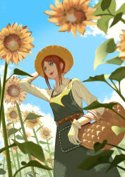 Rule 34 | 1girl, :d, arm up, basket, belt, brown hair, cloud, day, emma woods, flower, freckles, hat, highres, identity v, joe lee, open mouth, outdoors, shirt, short hair with long locks, smile, solo, standing, straw hat, sun hat, sunflower, tool belt, white shirt, x x