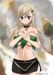 Rule 34 | 1girl, black skirt, blonde hair, blue eyes, breasts, choker, collarbone, colorized, earrings, eden&#039;s zero, gaston18, hair ornament, hairclip, highres, jewelry, large breasts, long hair, looking at viewer, mashima hiro, midriff, miniskirt, navel, outdoors, rebecca bluegarden, skirt, solo, standing, underboob