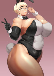 Rule 34 | 1girl, animal ears, bare shoulders, blonde hair, blue eyes, breasts, cleavage, curvy, fake animal ears, glasses, highres, huge breasts, jujunaught, looking at viewer, miffu (donaught), mole, playboy bunny, plump, rabbit ears, short hair, smile, solo, standing, thick thighs, thighs, tongue, tongue out