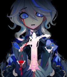 Rule 34 | 1girl, absurdres, ascot, asymmetrical gloves, black ascot, black background, blood, bloody tears, blue eyes, blue gloves, blue jacket, crying, drop-shaped pupils, frown, furina (genshin impact), genshin impact, gloves, grey gloves, grey hair, heterochromia, highres, holding, jacket, kodona, lolita fashion, long hair, looking at object, mismatched gloves, mismatched pupils, multicolored hair, populamalus, solo, streaked hair, symbol-shaped pupils, upper body, wavy hair