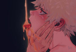 Rule 34 | 2boys, absurdres, bakugou katsuki, black background, blonde hair, boku no hero academia, commentary request, crying, crying with eyes open, face, from side, hand on another&#039;s face, highres, honey, lips, male focus, midoriya izuku, mole, mole under eye, multiple boys, portrait, red eyes, scar, short hair, signature, solo focus, tears, tongue, tongue out, translation request, upper teeth, wengwengchim