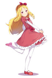 Rule 34 | 1girl, absurdres, bad id, bad pixiv id, blonde hair, bow, closed mouth, dress, drill hair, eromanga sensei, full body, hair bow, highres, lolita fashion, long hair, looking at viewer, pantyhose, pink eyes, red bow, red dress, rudestewing, simple background, smile, standing, standing on one leg, twin drills, white background, white pantyhose, yamada elf