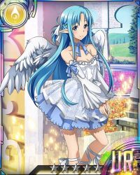 Rule 34 | 10s, 1girl, asuna (sao), asuna (sao-alo), blue eyes, blue hair, blue ribbon, blue skirt, breasts, card (medium), cleavage, detached sleeves, dress, feathered wings, glasses, leg ribbon, long hair, looking at viewer, matching hair/eyes, neck ribbon, own hands together, pointy ears, ribbon, skirt, small breasts, smile, solo, star (symbol), strapless, strapless dress, sword art online, thigh ribbon, white dress, white ribbon, white wings, wings