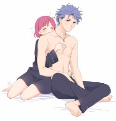 1boy 1girl artist_name barefoot bed_sheet black_pajamas black_pants black_shirt closed_eyes dated full_body grey_hair hand_on_another&#039;s_chest hetero highres hug hug_from_behind indian_style jewelry krudears light_blush messy_hair necklace no_pants pajamas pants pink_hair protagonist_(tokimemo_gs3) red_eyes shirt shitara_seiji short_hair sitting tokimeki_memorial tokimeki_memorial_girl&#039;s_side tokimeki_memorial_girl&#039;s_side_3rd_story topless_male wavy_hair white_background