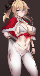 Rule 34 | 1girl, absurdres, bell, bikini, bikini top only, blonde hair, blue eyes, blush, bow, bow panties, bracelet, breasts, breath, brown background, capelet, christmas, cleavage, clothes pull, collar, fur trim, genshin impact, hair ribbon, highres, jean (genshin impact), jewelry, kyle (kysizzle), large breasts, navel, neck bell, panties, pantyhose, pantyhose pull, ponytail, red ribbon, ribbon, sidelocks, solo, striped ribbon, swimsuit, two-tone ribbon, underwear, white bikini, white panties, white pantyhose