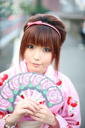 Rule 34 | hand fan, hairband, highres, japanese clothes, kimono, photo (medium), shio, strawberry pattern