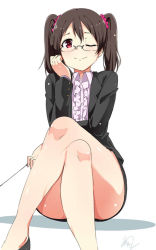 Rule 34 | 10s, 1girl, ;), alp, bespectacled, center frills, crossed legs, formal, frills, glasses, jpeg artifacts, legs, love live!, love live! school idol project, office lady, one eye closed, pointer, red eyes, short hair, simple background, sitting, skirt, skirt suit, smile, solo, suit, teacher, thighs, twintails, white background, yazawa nico