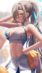 Rule 34 | 1girl, alternate hairstyle, armpits, asuna (blue archive), blue archive, blue eyes, blush, breasts, cheerleader, clothes writing, commentary, cosplay, crop top, detached collar, grin, hair over one eye, halo, hand on own hip, highres, large breasts, light brown hair, long hair, looking at viewer, midriff, millennium cheerleader outfit (blue archive), navel, outdoors, pleated skirt, pom pom (cheerleading), ponytail, silver bullet (ecc12 8), skirt, smile, solo, stomach, sweat, very long hair, white skirt