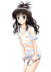 Rule 34 | 1girl, :o, beads, black hair, blush, clothes pull, embarrassed, flat chest, grey eyes, hair ornament, long hair, looking at viewer, mutsuki raimu, nipples, one-piece swimsuit, one-piece swimsuit pull, one side up, open mouth, ponytail, profile, pulling own clothes, see-through, shirt, simple background, solo, standing, swimsuit, t-shirt, to love-ru, undressing, wavy hair, wet, wet clothes, wet hair, wet shirt, white background, yuuki mikan