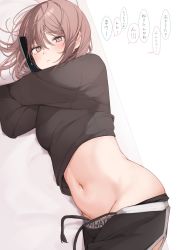 Rule 34 | 1girl, black shirt, black shorts, blush, brown eyes, brown hair, cellphone, closed mouth, clothes lift, commentary request, cowboy shot, groin, hair between eyes, highres, long sleeves, looking at viewer, lying, medium hair, midriff, navel, on side, original, phone, shin no tenpii, shirt, shirt lift, short hair, shorts, smartphone, solo, tearing up, translation request