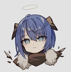 Rule 34 | 1girl, arknights, blue eyes, blue hair, blush, closed mouth, commentary request, demon horns, detached wings, energy wings, fur trim, grey background, hair between eyes, halo, horns, jacket, looking at viewer, medium hair, mgmg cc211, mostima (arknights), sidelocks, simple background, smile, solo, upper body, wings