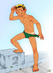 Rule 34 | 1boy, bad id, bad pixiv id, barefoot, blush, bulge, clothes pull, full body, goggles, green male swimwear, green swim briefs, male focus, male swimwear, male swimwear pull, navel, one-piece swimsuit pull, original, pants, pants pull, pulled by self, short hair, smile, solo, starting block, swim briefs, swim briefs pull, swim cap, swimsuit, tan, tanline, tongue, tongue out, torte (triggerhappy)