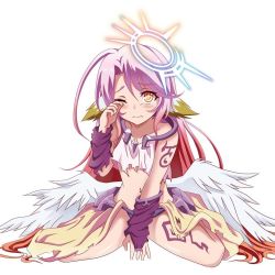 Rule 34 | 1girl, aged down, angel wings, artist request, blush, closed mouth, spiked halo, crop top, feathered wings, gradient hair, halo, jibril (no game no life), long hair, low wings, magic circle, midriff, multicolored eyes, multicolored hair, navel, no game no life, one eye closed, pink hair, red eyes, solo, source request, symbol-shaped pupils, tattoo, torn clothes, very long hair, white wings, wing ears, wings, yellow eyes