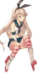 Rule 34 | anchor, anchor hair ornament, black neckerchief, black panties, crop top, elbow gloves, food, food in mouth, full body, gloves, hair ornament, hairband, highleg, highleg panties, kantai collection, microskirt, min-naraken, miniskirt, mouth hold, neckerchief, panties, pocky, pocky day, sailor collar, shimakaze (kancolle), simple background, sitting, skirt, solo, striped clothes, striped thighhighs, thighhighs, thong, underwear, white background, white gloves