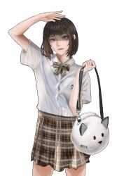 Rule 34 | 1girl, animal bag, arm up, bag, blue eyes, bow, bowtie, brown bow, brown bowtie, brown hair, brown skirt, cat bag, commentary, english commentary, highres, holding, holding bag, original, otsiran, plaid, plaid bow, plaid bowtie, plaid skirt, shaded face, shirt, short hair, signature, simple background, skirt, solo, standing, white background, white shirt