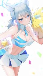 Rule 34 | 1girl, absurdres, animal ear fluff, animal ears, bare shoulders, blue archive, blue eyes, blush, breasts, cheerleader, cleavage, confetti, cosplay, crop top, cross hair ornament, detached collar, extra ears, grey hair, hair ornament, halo, highres, holding, kazane-wind, large breasts, long hair, looking at viewer, millennium cheerleader outfit (blue archive), mismatched pupils, pom pom (cheerleading), ponytail, shiroko (blue archive), sidelocks, skirt, solo, wolf ears