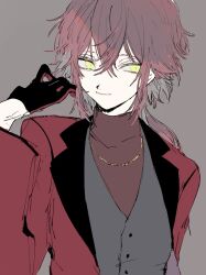 Rule 34 | 1boy, black vest, dankira!!!, facing viewer, formal, gold necklace, green eyes, grey background, jewelry, long hair, low ponytail, male focus, necklace, red hair, red suit, red sweater, sketch, sneezecoon, solo, suit, sweater, tsubaki seito, turtleneck, turtleneck sweater, vest