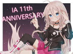 Rule 34 | 1girl, ahoge, anniversary, bare shoulders, black shirt, black thighhighs, blonde hair, blue eyes, boots, braid, collarbone, commentary request, hand on own head, highres, ia (vocaloid), index finger raised, kirima (zs at ), knee up, long hair, looking at viewer, miniskirt, night, night sky, pendant choker, pink skirt, pleated skirt, shirt, side braids, single thighhigh, sitting, skirt, sky, sky, smile, solo, spaghetti strap, star (sky), starry sky, thighhighs, very long hair, vocaloid, white footwear