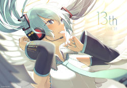 Rule 34 | 1girl, angel wings, aqua eyes, aqua hair, aqua nails, aqua necktie, armpits, bare shoulders, black sleeves, blurry, blurry foreground, blush, breasts, collared shirt, commentary request, dated, detached sleeves, floating hair, grin, hair between eyes, hair ornament, halo, hatsune miku, headset, long hair, looking up, medium breasts, nail polish, necktie, nokuhashi, shirt, sidelocks, signature, simple background, sleeveless, sleeveless shirt, smile, solo, twintails, upper body, very long hair, vocaloid, white background, wings