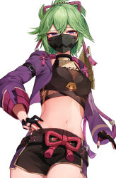 Rule 34 | 1girl, absurdres, black gloves, black nails, black shorts, breasts, commentary request, genshin impact, gloves, green hair, hair between eyes, half-closed eyes, highres, hood, hood down, hooded jacket, jacket, kuki shinobu, looking at viewer, mask, mouth mask, nail polish, navel, open clothes, open jacket, partially fingerless gloves, ponytail, purple eyes, purple jacket, racchi., revision, short shorts, shorts, simple background, small breasts, solo, white background