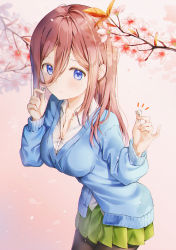 Rule 34 | 1girl, black pantyhose, blue cardigan, blue eyes, blush, breasts, brown hair, cardigan, cha chya, cherry blossoms, collarbone, collared shirt, earphones, go-toubun no hanayome, green skirt, hair down, hand up, highres, large breasts, long hair, long sleeves, looking at viewer, medium breasts, nakano miku, pantyhose, pink background, pleated skirt, school uniform, shirt, skirt, smile, solo, standing, upper body, white shirt