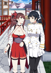 Rule 34 | 2girls, absurdres, architecture, azur lane, black eyes, black hair, black legwear, breasts, brown eyes, brown hair, chaos-lizard, cherry blossoms, crossed arms, east asian architecture, gloves, hair ornament, hairband, highres, holding hands, japanese clothes, kimono, large breasts, leg belt, long hair, looking at another, military, military uniform, multiple girls, open mouth, pantyhose, ponytail, smile, stone floor, takao (azur lane), thighhighs, uniform, white gloves, yuri, zuikaku (azur lane)