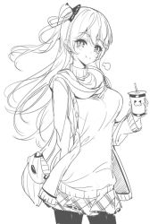 Rule 34 | 1girl, :t, bag, blush, bow, breasts, closed mouth, commentary request, cup, disposable cup, drinking straw, emily stock, greyscale, hair bow, handbag, head tilt, holding, holding cup, jacket, long hair, long sleeves, looking at viewer, medium breasts, monochrome, one side up, open clothes, open jacket, original, pantyhose, pleated skirt, ririko (zhuoyandesailaer), shoulder bag, sidelocks, simple background, sketch, skirt, solo, sweater, very long hair, white background